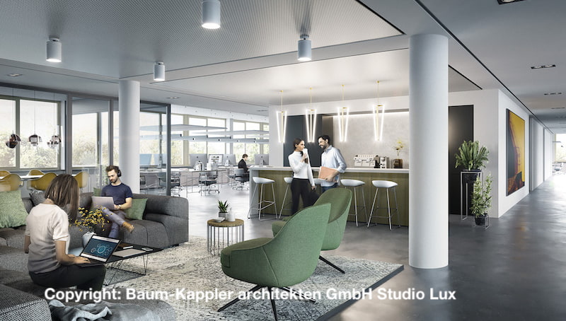 Neubau Güterwerk Bürogebäude Kohlenhof Nürnberg Visualisierung Innenansicht