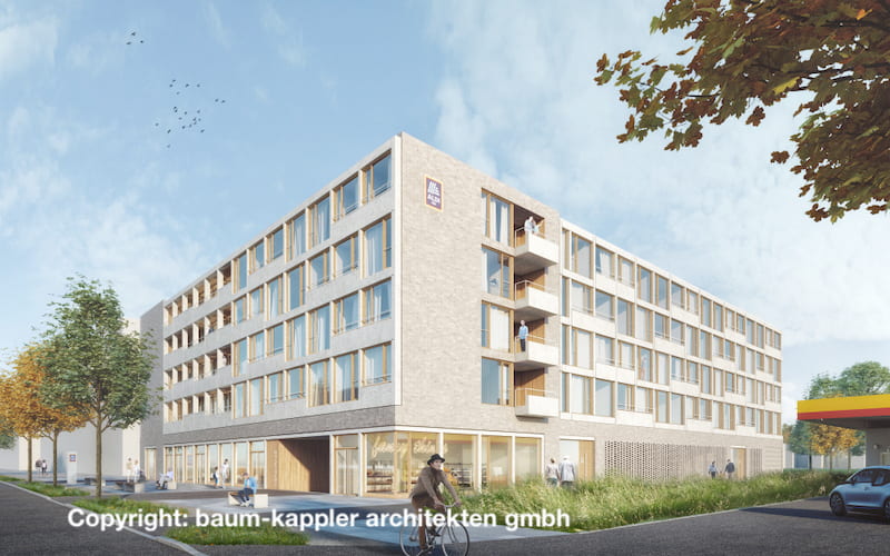 Ansicht Neubau Gebäude Branntweinareal Nürnberg mit Aldi Filiale und Wohnungen