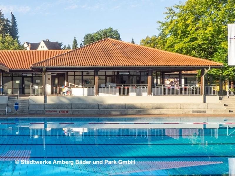 Ansicht Hockermühlbad Amberg nach Sanierung mit Gebäude und Schwimmbecken