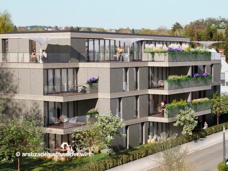 Visualisierung eines modernen Mehrfamilienhauses mit großzügigen Balkonen und Dachterrasse in Kressbronn – Neubauprojekt mit geplanter energieeffizienter Haustechnik, nachhaltigem Heizsystem und durchdachter TGA-Planung