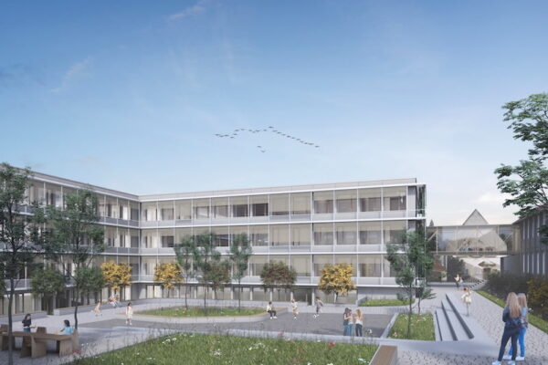 Visualisierung der Generalsanierung des Herder-Gymnasiums Forchheim mit neu gestalteter Schulhofanlage – integrale TGA-Planung für Heizungsanlage, Lüftungstechnik, Sanitärsysteme und MSR-Technik im Bestand.