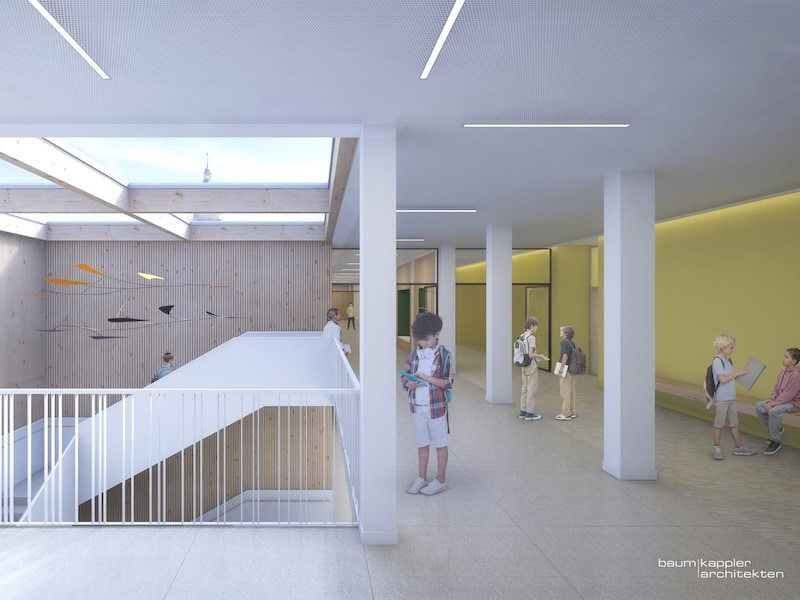 Innenvisualisierung der Generalsanierung des Herder-Gymnasiums Forchheim mit modernisiertem Atriumbereich – Planung der technischen Gebäudeausrüstung (TGA) für Heizung, Lüftung, Sanitär und MSR in einer energieeffizienten Schulmodernisierung.